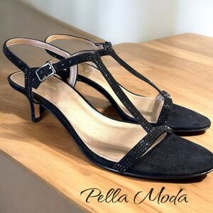 Pella Moda-NWOB women’s 11 “Fable” t-strap kitten heel. Suede/black crystals.